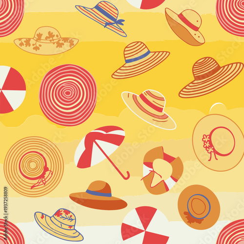 Summer fashion accessories pattern with various hats, umbrellas, and beach toys. Colorful and whimsical designs displayed against a gradient yellow background.
