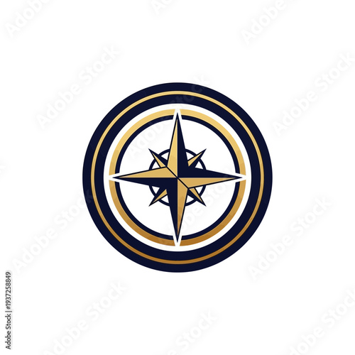 Elegant Compass Rose Emblem Navigational Design With Luxurious Golden And Dark Blue Circular Frame