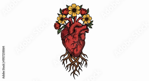 Anatomical heart with flowers and roots illustration
