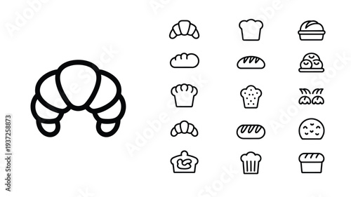 Bakery outline icon set with croissant, bread loaf, cupcake and pastry shop symbols minimal collection