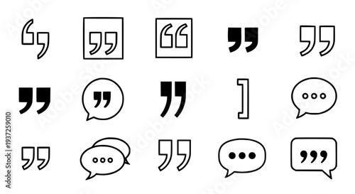 Quotation marks set with speech bubble icons in black outline style for communication and design featuring dialogue,