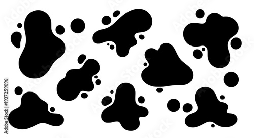 Blotches black ink set with abstract shapes and spots featuring fluid, liquid, splatter with stain and blob elements