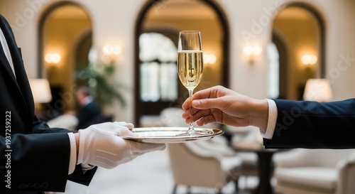 Guest taking champagne glass from silver tray served by waiter in white gloves. Luxury event reception, wedding celebration, and premium hospitality service in elegant hotel lobby lounge.