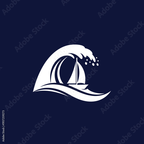 Elegant Silhouette Depicting Sailing Vessel Navigating Enormous Oceanic Wave