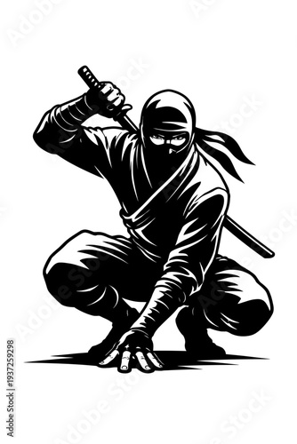 ninja warrior crouching stance with sword on white background vector illustration