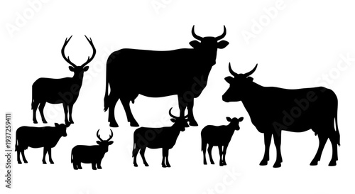 Cattle silhouettes with horns and varied poses, black on white featuring animals, livestock, farm with ranch and