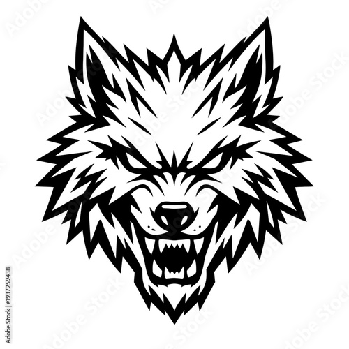 aggressive wolf head illustration with sharp teeth and menacing gaze on white background