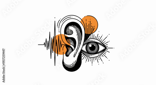 Ear eye and sound wave line art composition