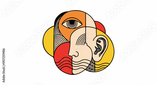 Cubist face with eye and ear illustration