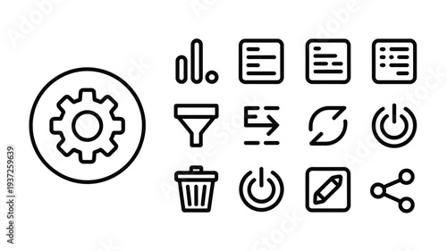 Settings and system outline icon set with gear, menu, filter and refresh interface symbols isolated vector collection