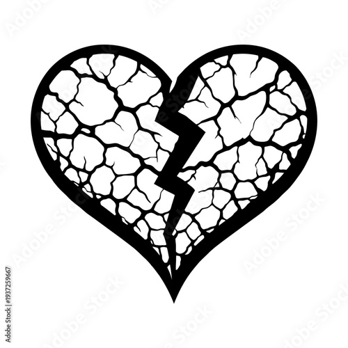 Broken heart symbol with cracked texture on white background illustration