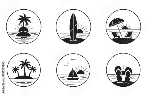 Tropical beach scene icons, island palm trees, ocean waves, surfboard, sailboat and deck chairs, summer vacation symbols, sunset leisure and relaxation graphics