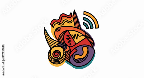 Abstract symbol collage with spiral wing flame and signal arcs
