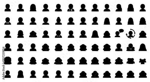 People icons set with diverse silhouettes and expressions for visual representation featuring black, white, vector with