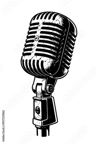 Vintage microphone illustration on white background, retro style, classic design, black and white, old school, audio equipment, music, sound, recording, nostalgia, retro tech, antique, historical, mic