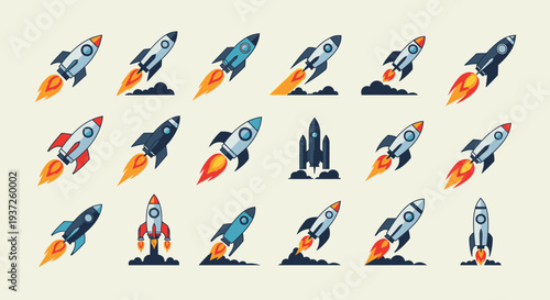 Varied Collection of Cartoon Rockets Launching and Flying on Light Pastel Background