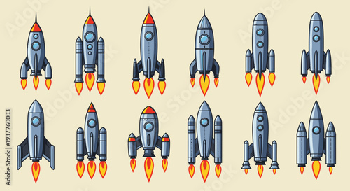 Collection of Cartoon Blue Rockets with Flames on Light Pastel Background