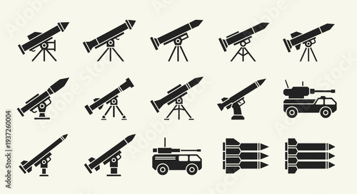 Set of Black Silhouette Military Weapon Systems and Missiles on Light Pastel Background