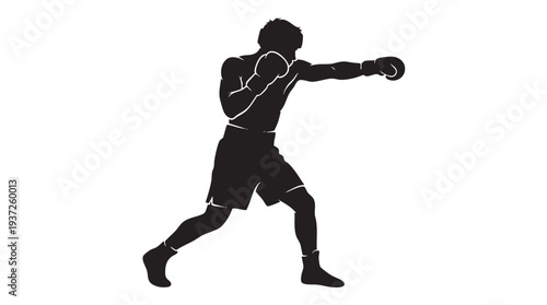 Dynamic black silhouette of a male boxer in a fighting stance, throwing a powerful punch with his right arm, wearing boxing gloves and shorts, isolated on a white background.