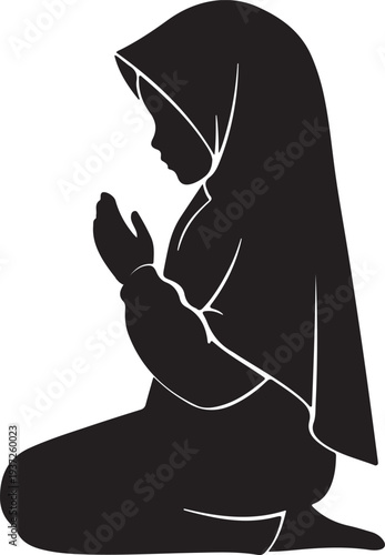 A  silhouette design of a woman wearing a Hijab praying.