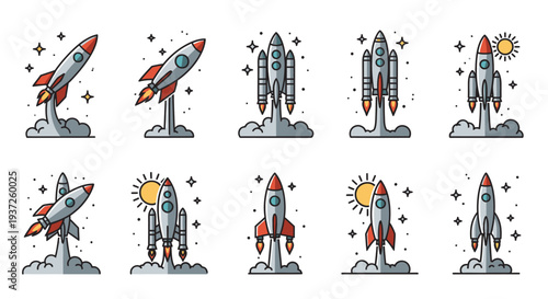 Cartoon Rockets Launching with Smoke and Stars on Light Pastel Background