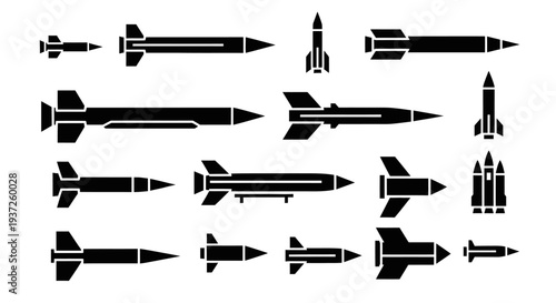 Grid of Black Silhouette Missile and Bomb Icons on Isolated White Background