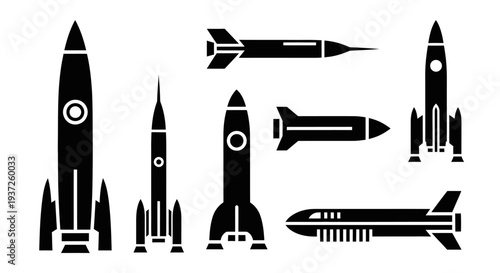 Diverse Set of Black Silhouette Rocket and Missile Icons on Isolated White Background