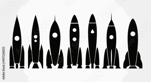 Collection of Seven Black Silhouette Rocket Icons on Isolated White Background
