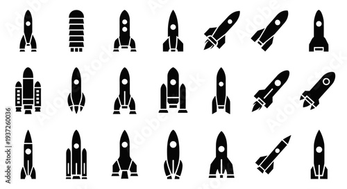 Set of Various Black Silhouette Rocket Icons on Isolated White Background