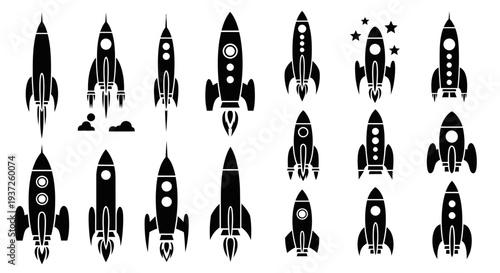 Large Collection of Elaborate Black Silhouette Rockets and Spaceship Icons in Bright Studio