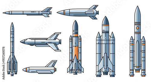 Detailed Collection of Spacecraft, Rockets, and Missiles in Various Designs in Bright Studio