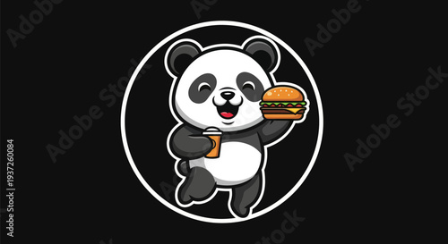 Cartoon panda with burger and drink