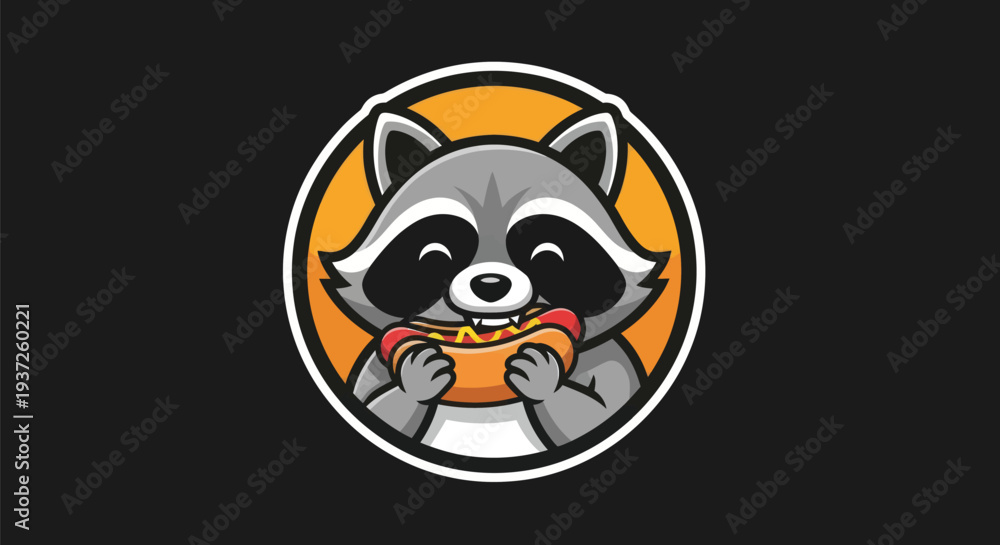Obraz premium Cartoon raccoon enjoying a hot dog