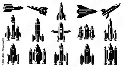 Comprehensive collection of diverse rocket and missile black silhouette icons, showing various designs, on an isolated white background.