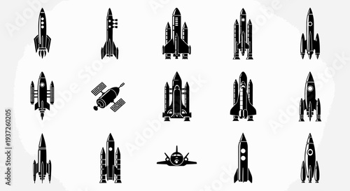 Collection of various rocket, spaceship, and satellite black silhouette icons on an isolated white background.