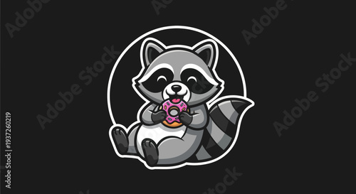 Cartoon raccoon enjoying a donut