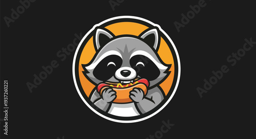 Cartoon raccoon enjoying a hot dog