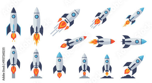 Numerous colorful flat design rockets in various flying and launching poses on an isolated white background.