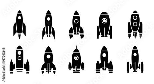 Set of six distinct rocket and spaceship black silhouette icons on an isolated white background.