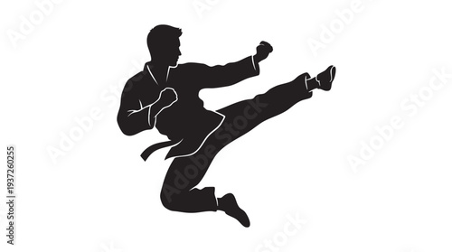 Black silhouette of a martial artist performing a dynamic flying side kick in a traditional uniform, isolated on a white background.