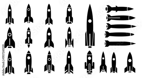 Extensive collection of diverse rocket and missile black silhouette icons, showing various designs, on an isolated white background.