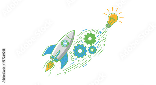 Innovative Business Idea Launching with Rocket and Gears.