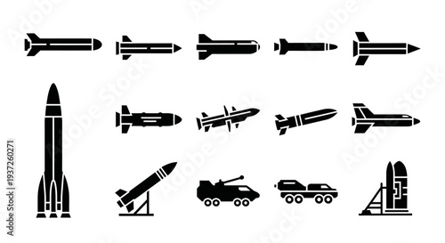 Collection of various missile, rocket, and launcher black silhouette icons on an isolated white background.