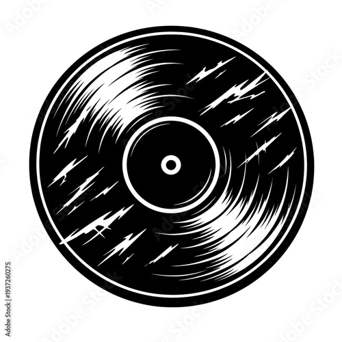 Vinyl record illustration with abstract scratches and white highlights on a black background, symbolizing music and nostalgia.