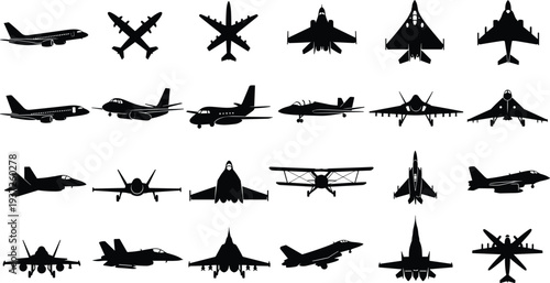 Airplane silhouettes collection, commercial aircraft and military fighter jets in various angles isolated on white background for aviation design