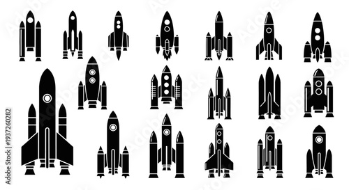 Extensive Collection of Advanced Rocket and Spaceship Silhouettes on Light Grey Background