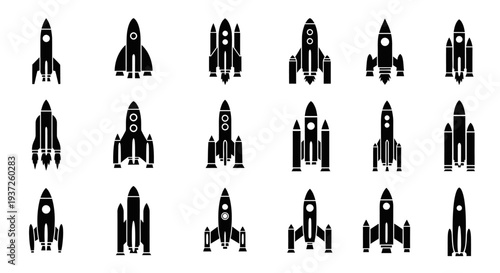 Organized Grid of Rocket Silhouettes with Various Shapes and Sizes on Light Grey Background