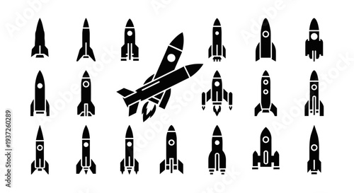 Grid of Rocket Silhouettes with One Large Rocket Launching on Light Grey Background