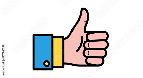 Cartoon hand giving thumbs up gesture with blue and yellow sleeve.