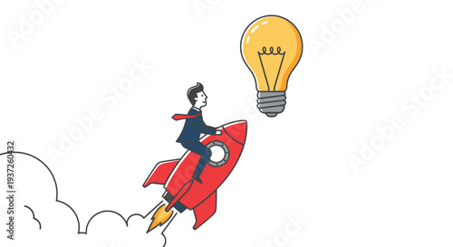 Businessman flying on red rocket with lightbulb idea.